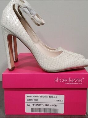 Shoe Dazzle White Textured Pointed-Toe Ankle-Strap Block Heels